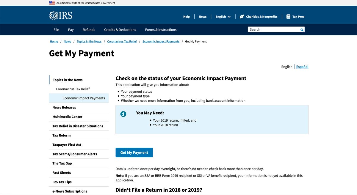 IRS Stimulus Payment Portal Screenshot